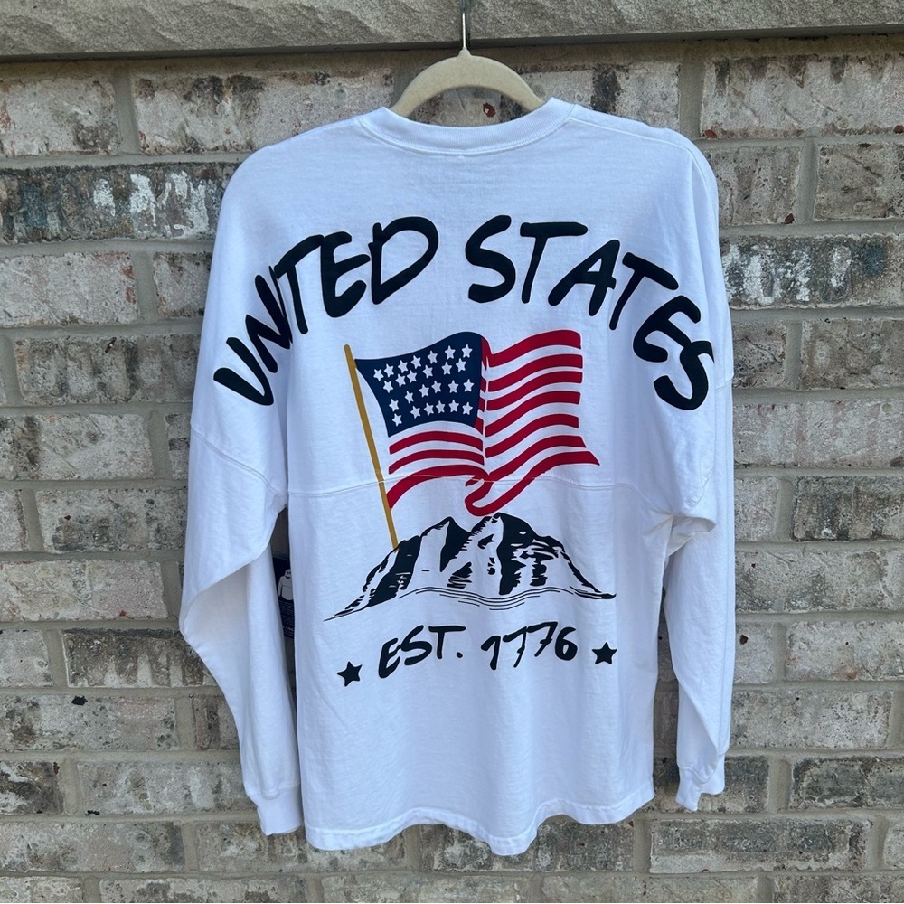 Spirit Jersey USA Patriotic Flag Shirt White Long Sleeve XS NWT